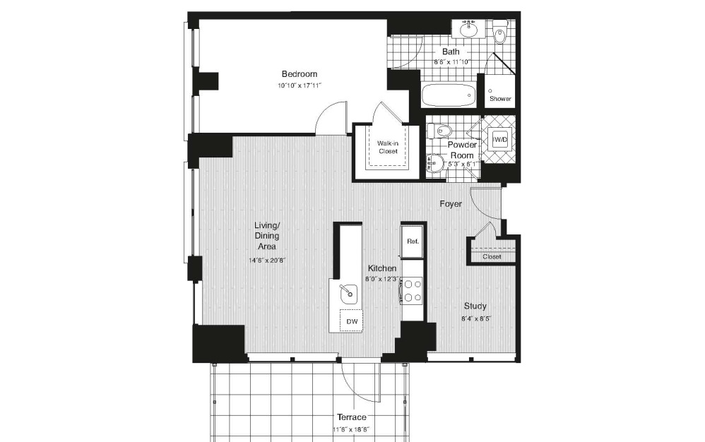 A11 - 1 bedroom floorplan layout with 1 bathroom and 842 square feet