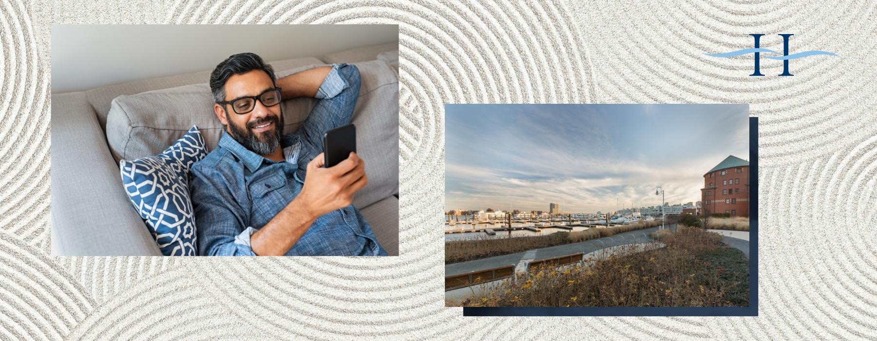 a man sitting on a couch and  harbor view on patterned background